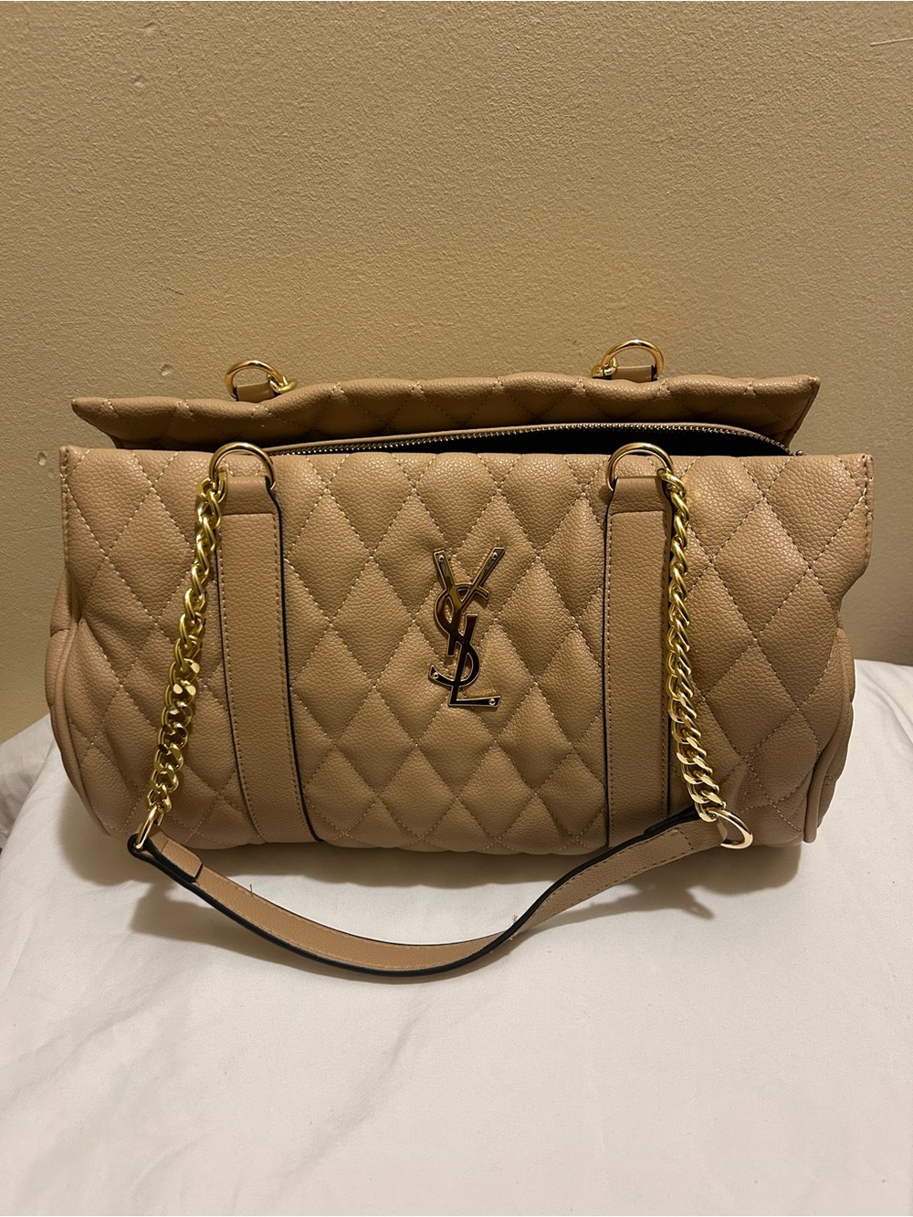Inspired Saint Laurent Quilted Tan Shoulder Bag with Chain Straps and Wallet